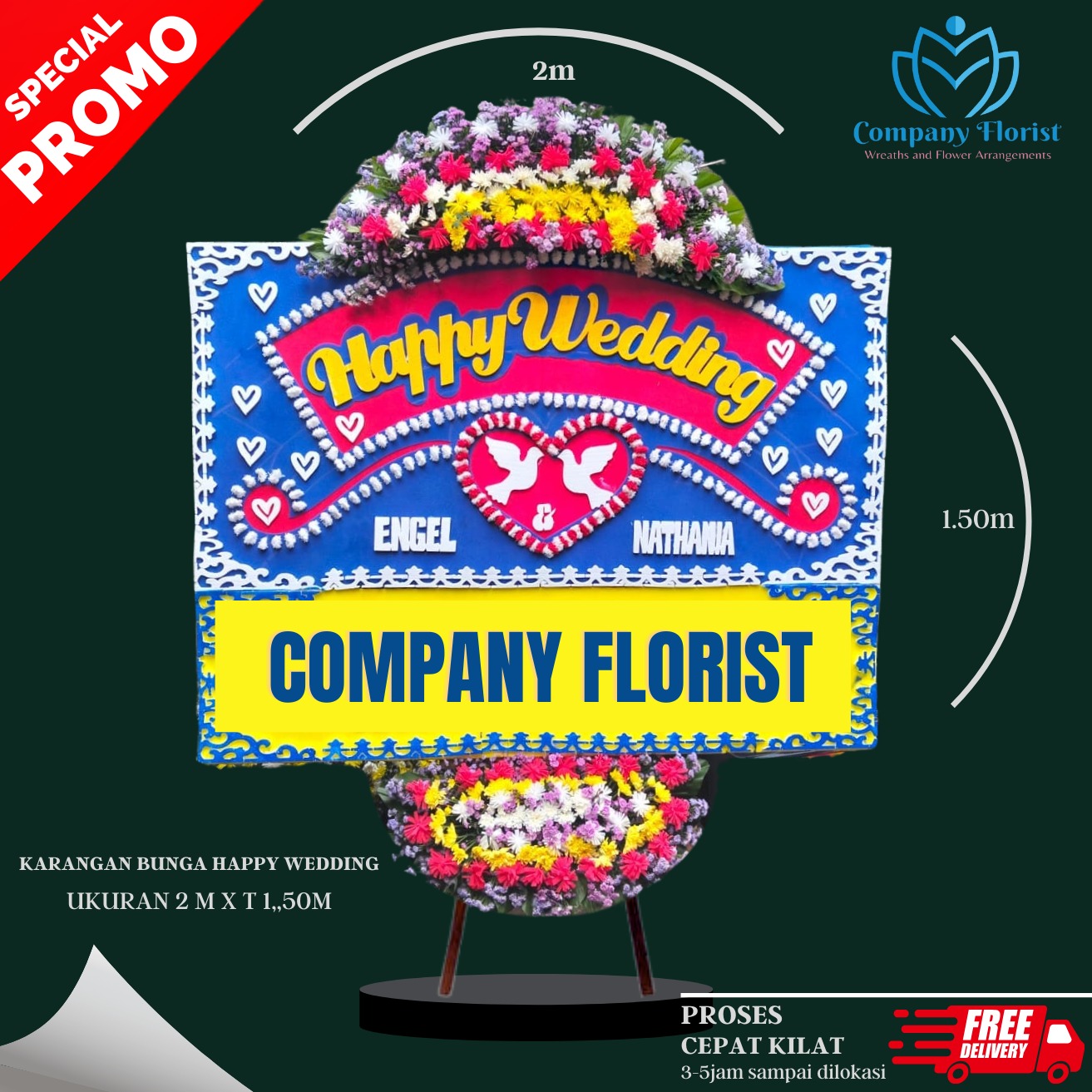 Papan Bunga Happy Wedding Warna Biru – Company Florist